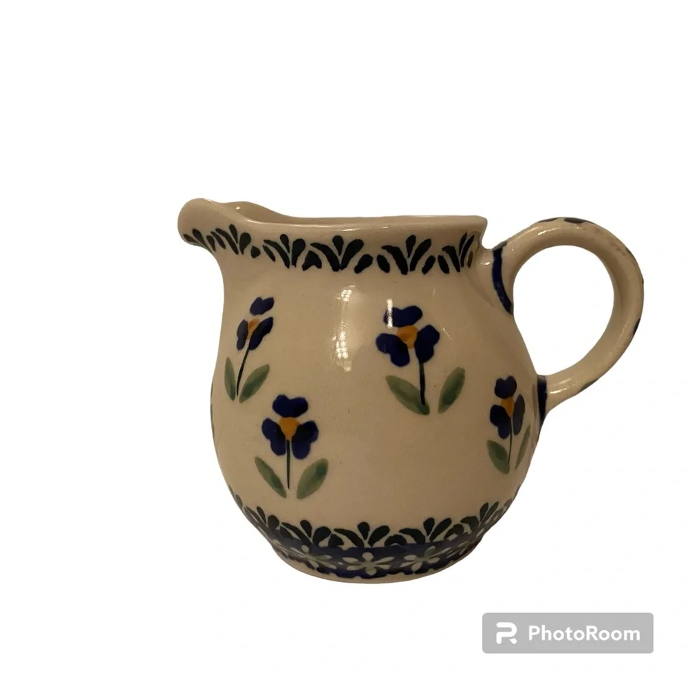 POLISH POTTERY CREAMER MINI PITCHER BLUE WHITE GREEN HANDMADE HOME BOLESLAWIEC